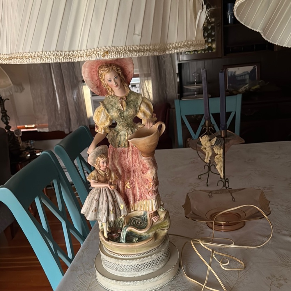 Charming Figurine Lamp Pair with Pink and Green Accents